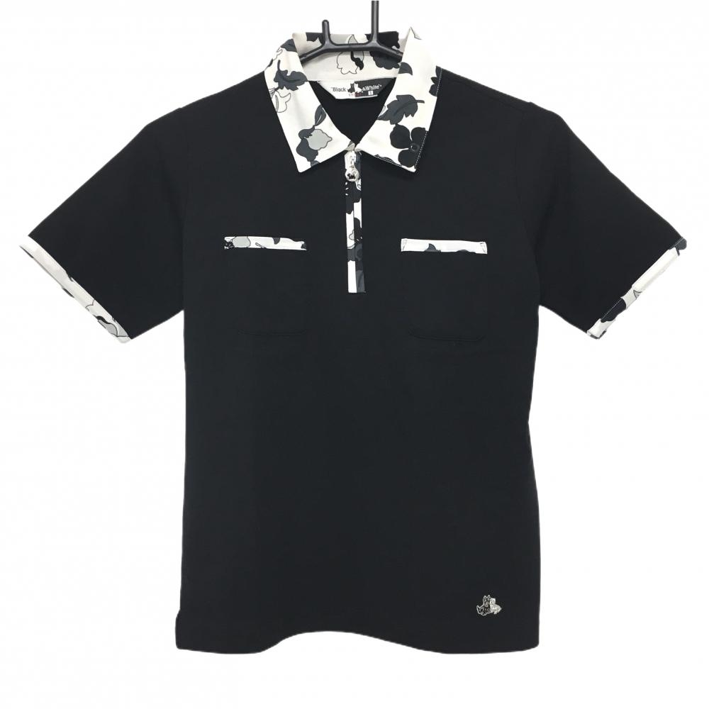 【美品】ブラックアンドホワイト 半袖ポロシャツ 黒×白 ハーフジップ 一部柄 胸ポケット  レディース 1(S) ゴルフウェア Black＆White