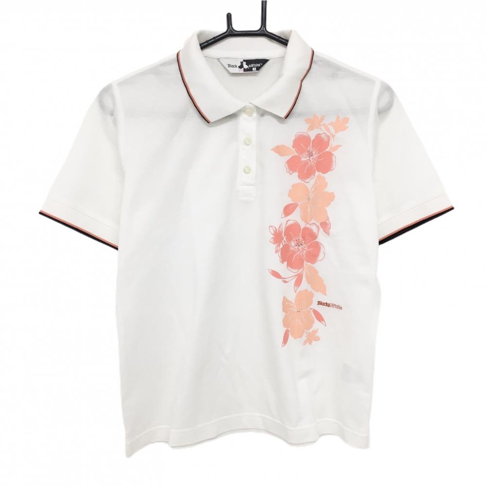 ブラックアンドホワイト 半袖ポロシャツ 白×サーモンピンク ハイビスカス ラインストーン  レディース 2(Ｍ) ゴルフウェア Black＆White