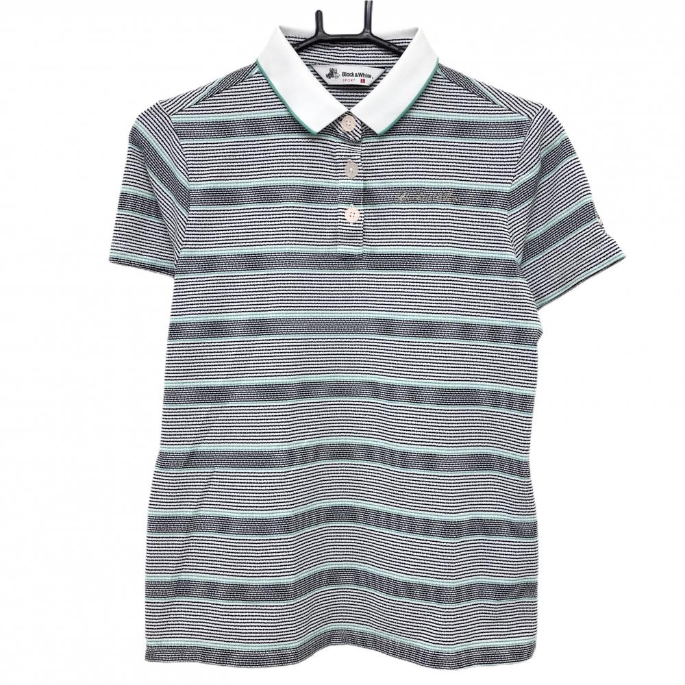 【美品】ブラックアンドホワイト 半袖ポロシャツ 白×黒 ボーダー 胸元刺しゅう  レディース L ゴルフウェア Black＆White