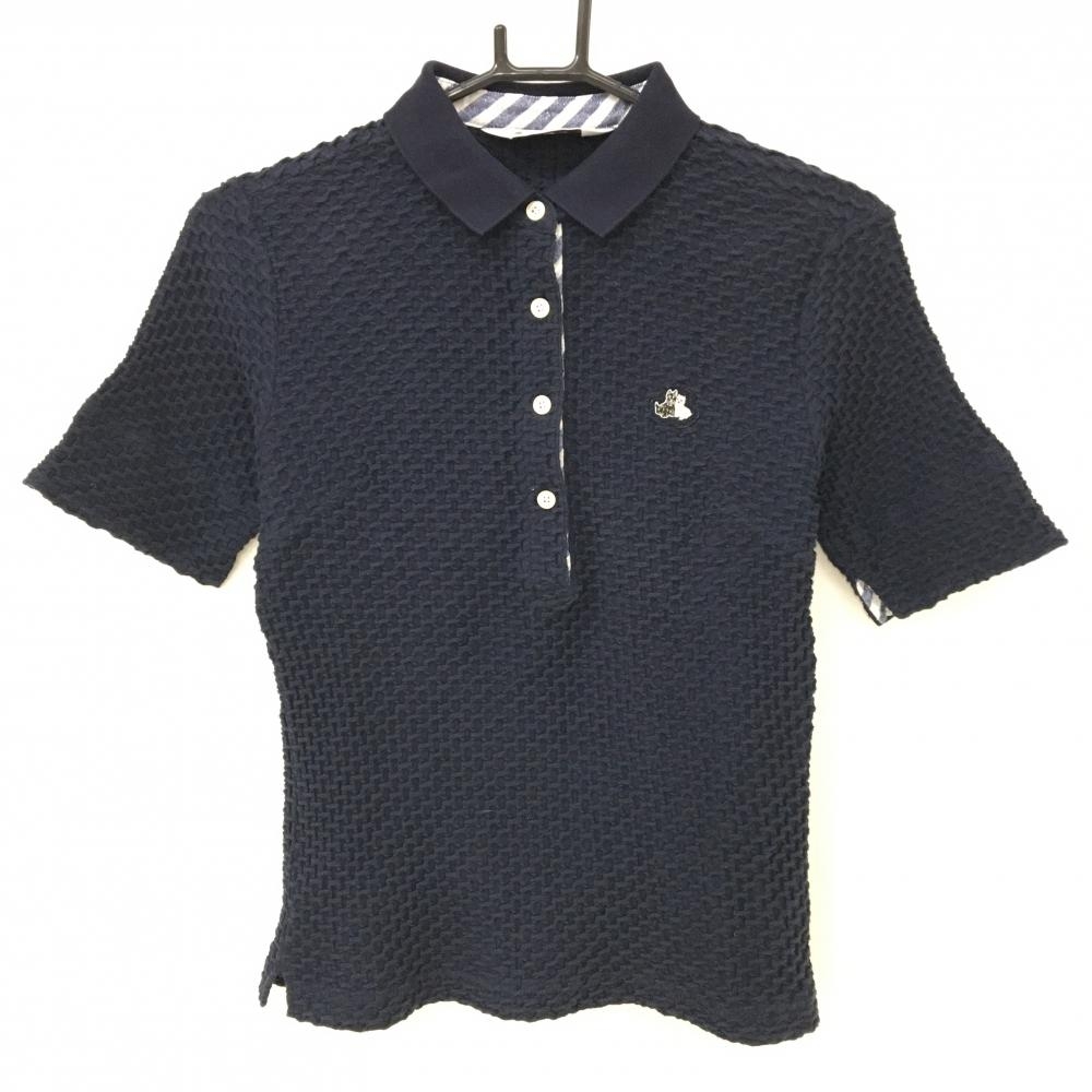 【美品】ブラックアンドホワイト 半袖ポロシャツ ネイビー 凹凸生地 レディース M ゴルフウェア Black＆White