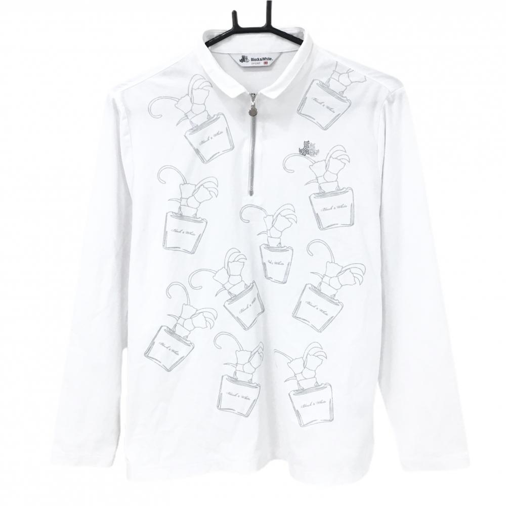 【超美品】ブラックアンドホワイト 長袖ポロシャツ 白×グレー ラメ ロゴラインストーン レディース LL ゴルフウェア Black＆White