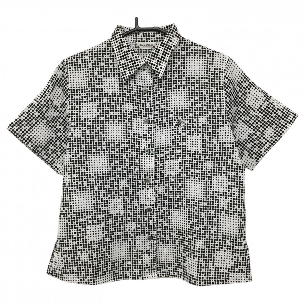 【超美品】ブラックアンドホワイト 半袖シャツ 白×黒 ドット調 総柄 テリア犬刺しゅう   レディース M ゴルフウェア Black＆White