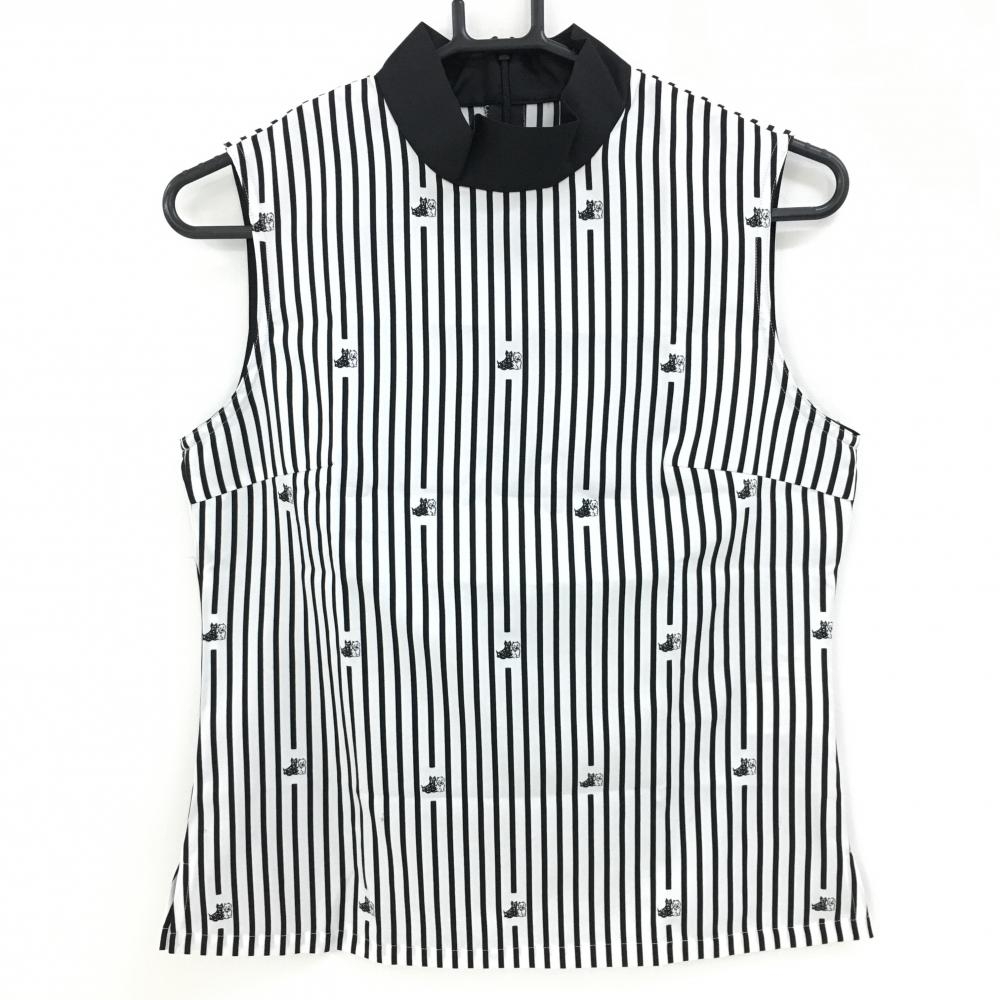 【美品】ブラックアンドホワイト ノースリーブハイネックシャツ 白×黒 ストライプ×柄 レディース M ゴルフウェア Black＆White
