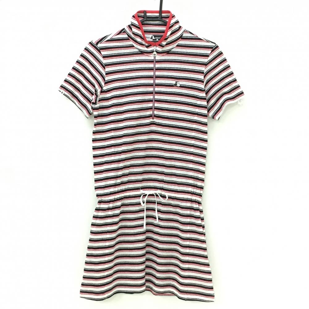 【超美品】ブラックアンドホワイト ワンピース 白×レッド ボーダー ハープジップ レディース 1(S) ゴルフウェア Black＆White