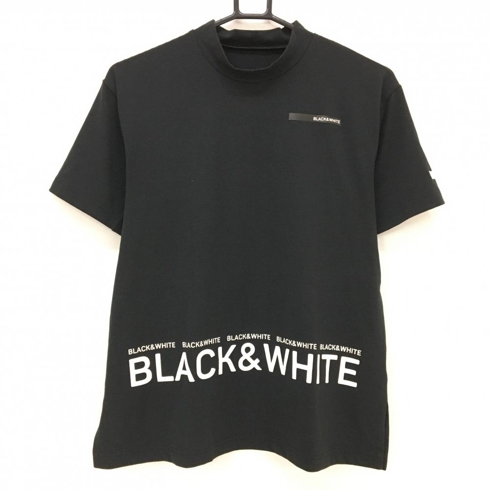 【美品】ブラックアンドホワイト 半袖ハイネックシャツ 黒×白 ロゴプリント レディース M ゴルフウェア Black＆White