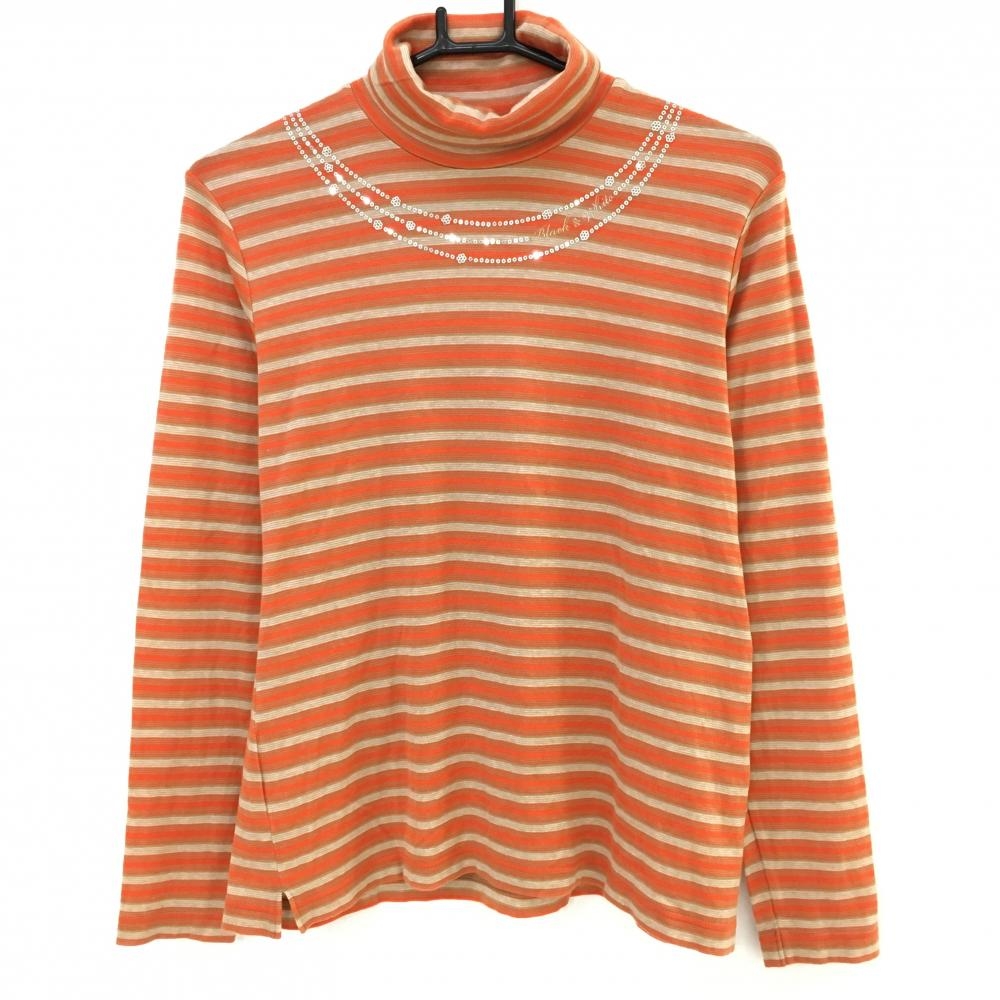 【美品】ブラックアンドホワイト 長袖タートルネックシャツ オレンジ×ベージュ ボーダー柄 レディース 2(M) ゴルフウェア Black＆White