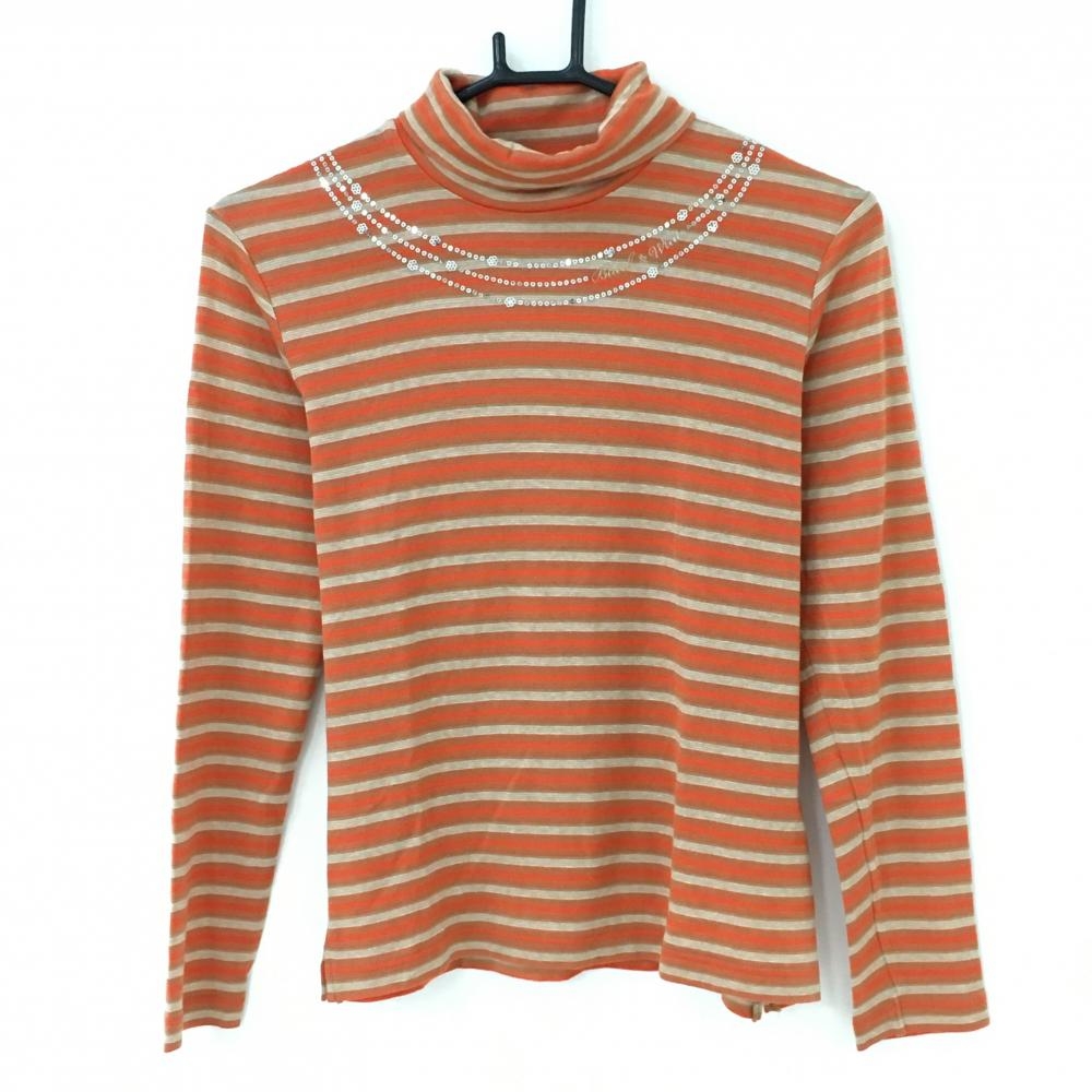 ブラックアンドホワイト 長袖タートルネックシャツ オレンジ×ベージュ ボーダー スパンコール レディース 1(S) ゴルフウェア Black＆White