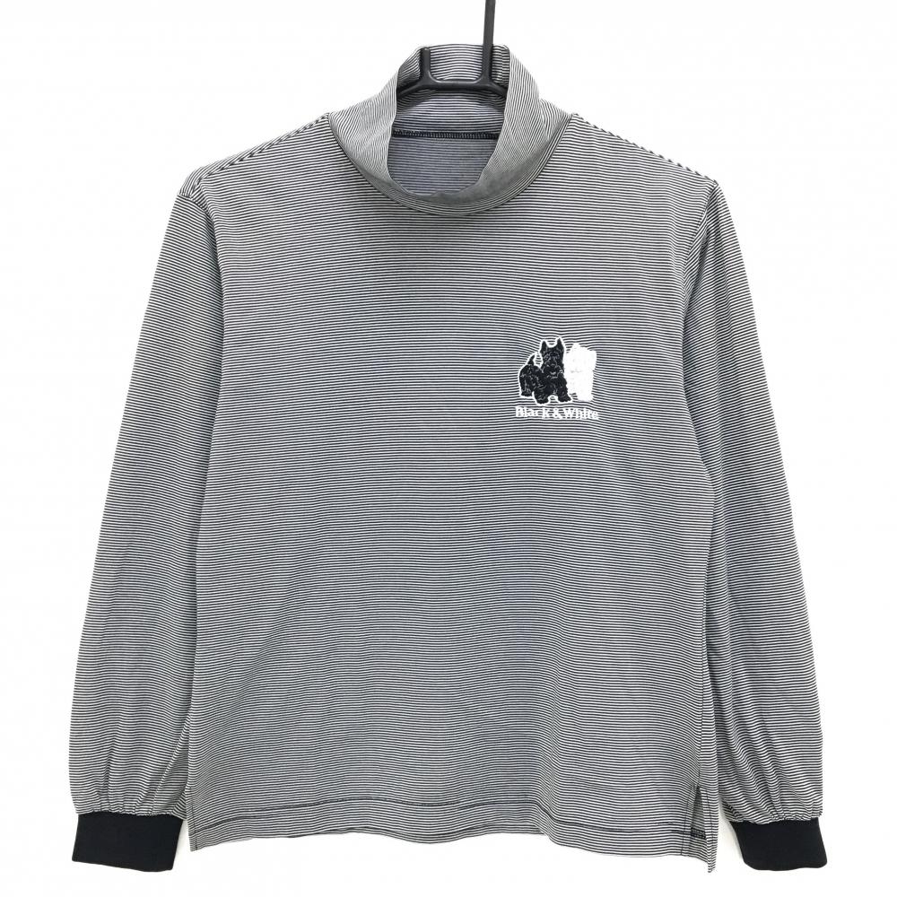 ブラックアンドホワイト 長袖ハイネックシャツ 白×黒 ボーダー 犬ワッペン レディース M ゴルフウェア Black＆White