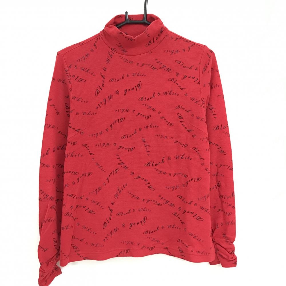 ブラックアンドホワイト 長袖ハイネックシャツ レッド×黒 ロゴ総柄 袖口ギャザー アクリル混 レディース 2(M) ゴルフウェア Black＆White