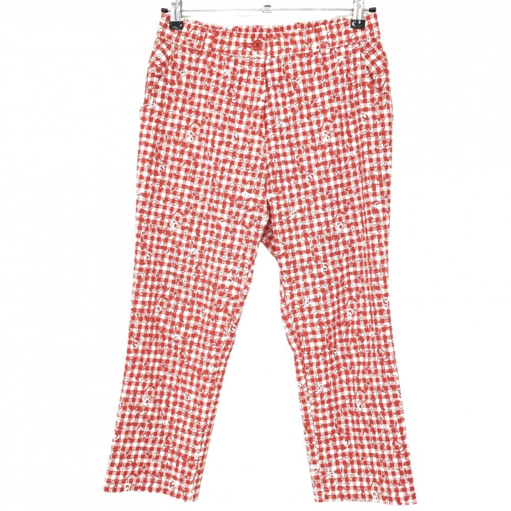 【美品】ブラックアンドホワイト 七分丈パンツ 白×レッド 総柄 ギンガムチェック 花 レディース 2(M) ゴルフウェア Black＆White