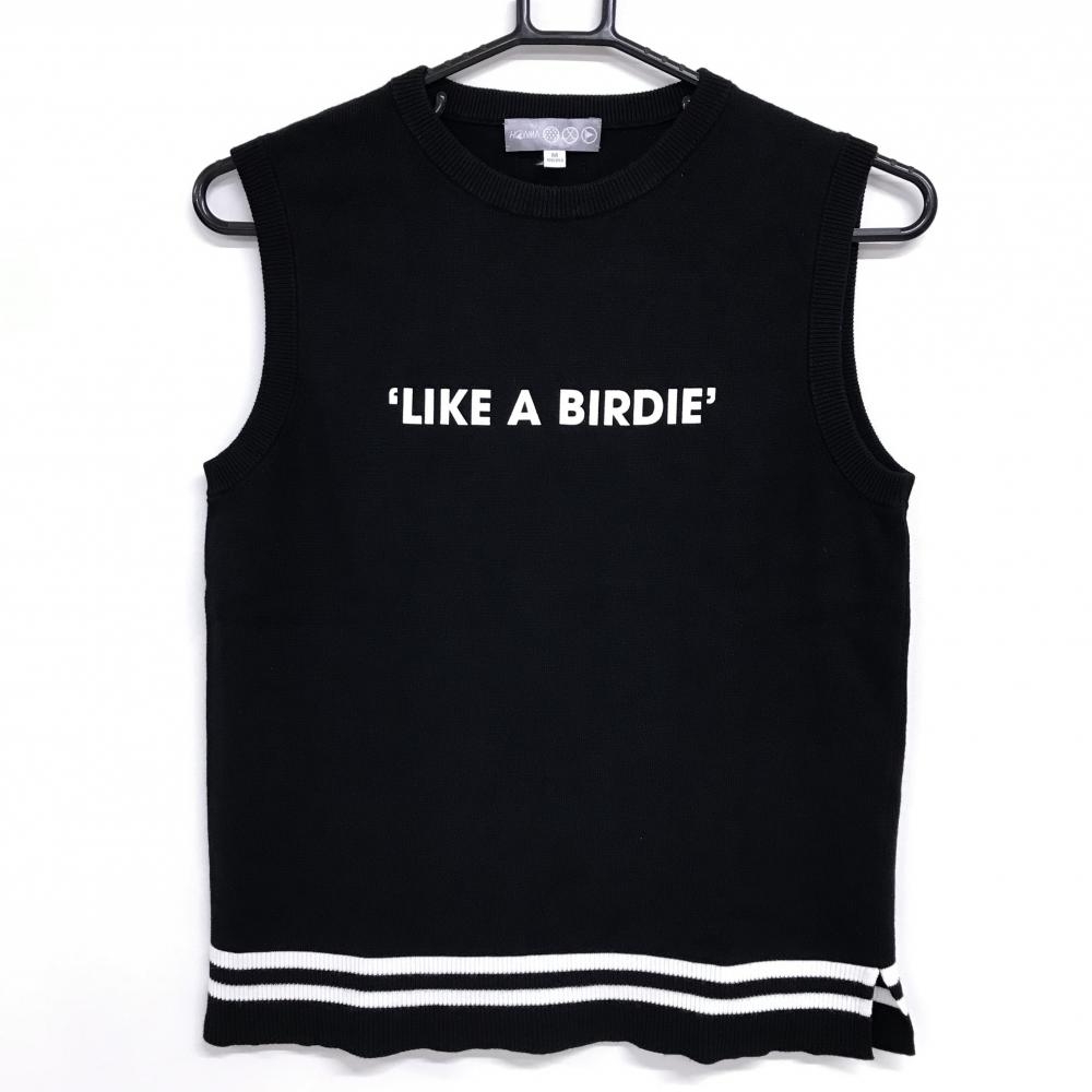 【美品】ホンマ ニットベスト 黒×白 フロント英字ラメ 裾ライン レディース M ゴルフウェア HONMA