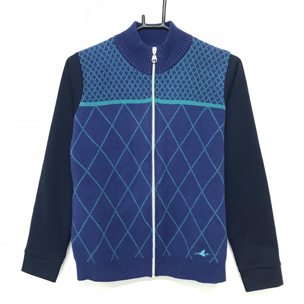 【美品】ホンマ ニットジャケット ネイビー系×ブルーグリーン 前身頃ダイヤ柄 ウール混 前身頃ニット  レディース M ゴルフウェア HONMA