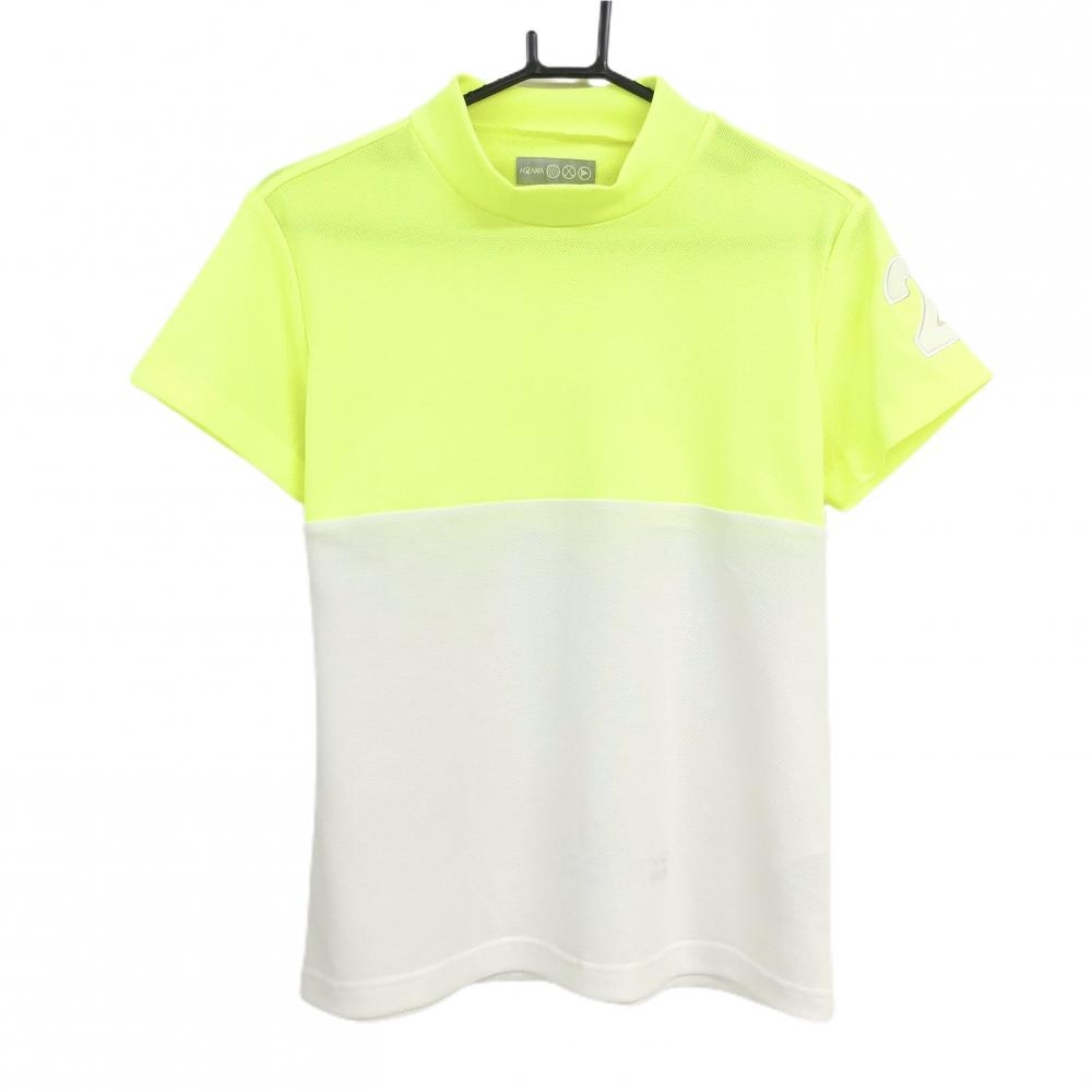 【超美品】ホンマ 半袖ハイネックシャツ 蛍光イエロー×白 袖ナンバリング バイカラー レディース L ゴルフウェア HONMA