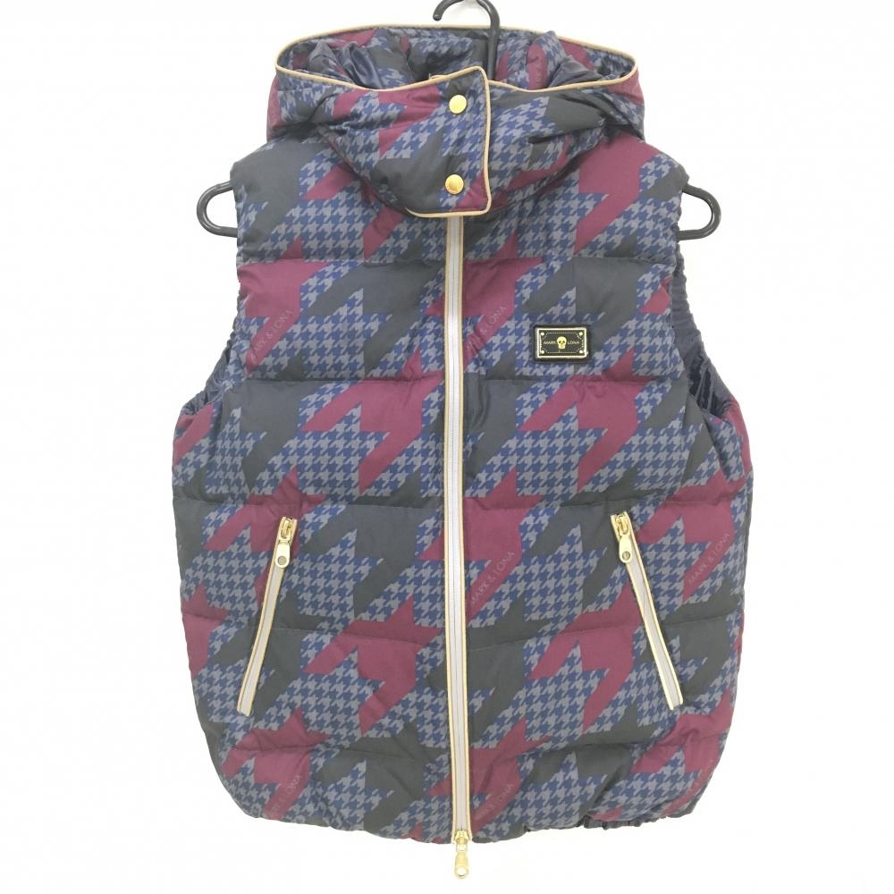 【美品】マークアンドロナ ダウンベスト ネイビー×グレー×ボルドー 千鳥格子 フード取外し可 レディース M ゴルフウェア MARK＆LONA