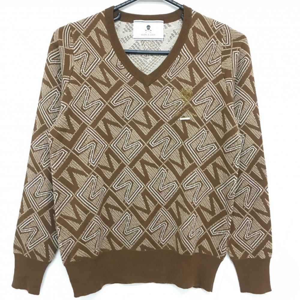 【超美品】マークアンドロナ セーター ブラウン 総柄 ニット Vネック ウール混 レディース M ゴルフウェア MARK＆LONA