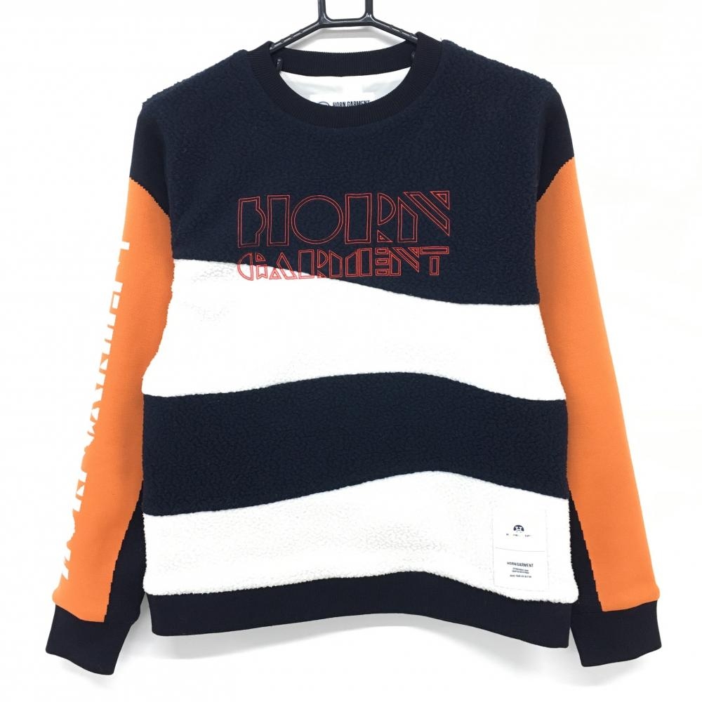 【美品】ホーンガーメント 切替セーター ネイビー×オレンジ 身頃ボア 裏地付 マークアンドロナ レディース 40(L) ゴルフウェア MARK＆LONA