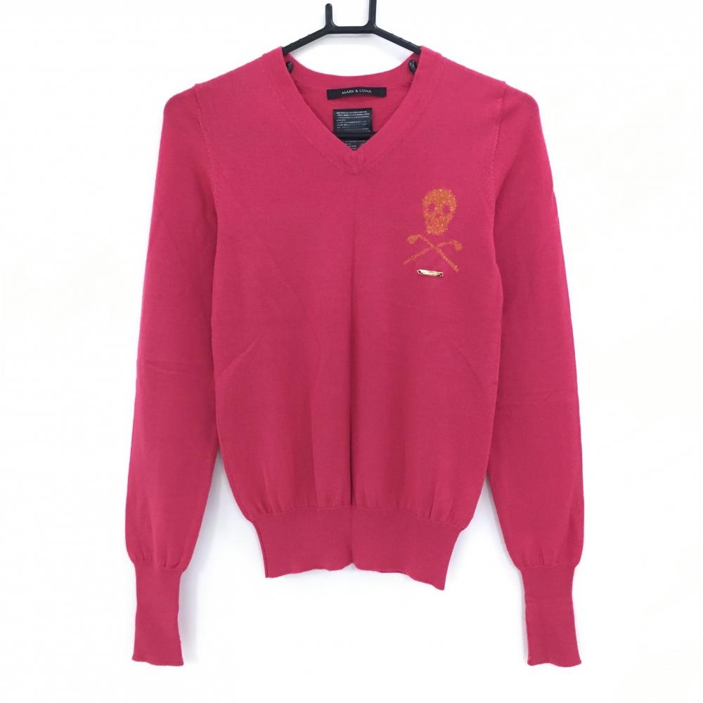 【超美品】マークアンドロナ セーター ピンク×オレンジ 背面ビッグスカル ウール混 ニット レディース WS ゴルフウェア MARK＆LONA