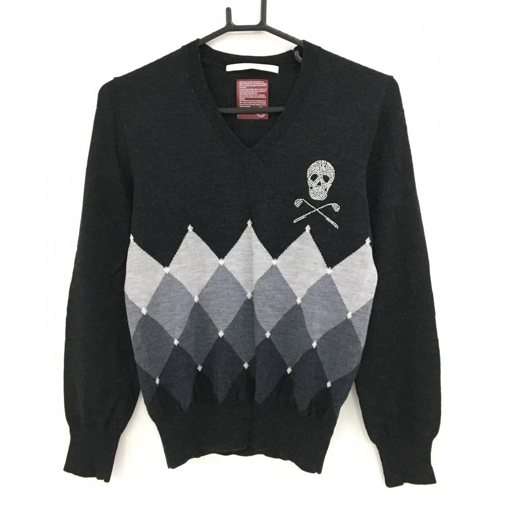 【超美品】マークアンドロナ セーター ダークグレー Vネック スカル ラインストーン 薄手 ニット レディース S ゴルフウェア MARK＆LONA