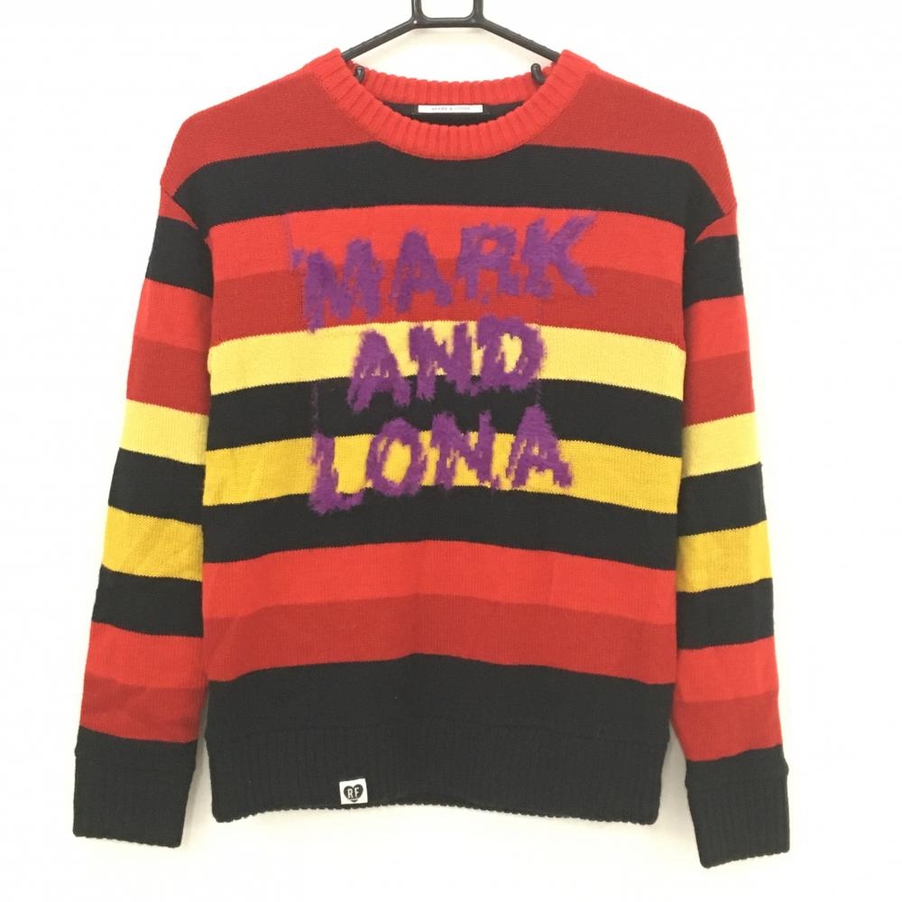【超美品】マークアンドロナ セーター レッド×黒×イエロー ボーダー ニット ウール混 裏地付 レディース 38(M) ゴルフウェア MARK＆LONA