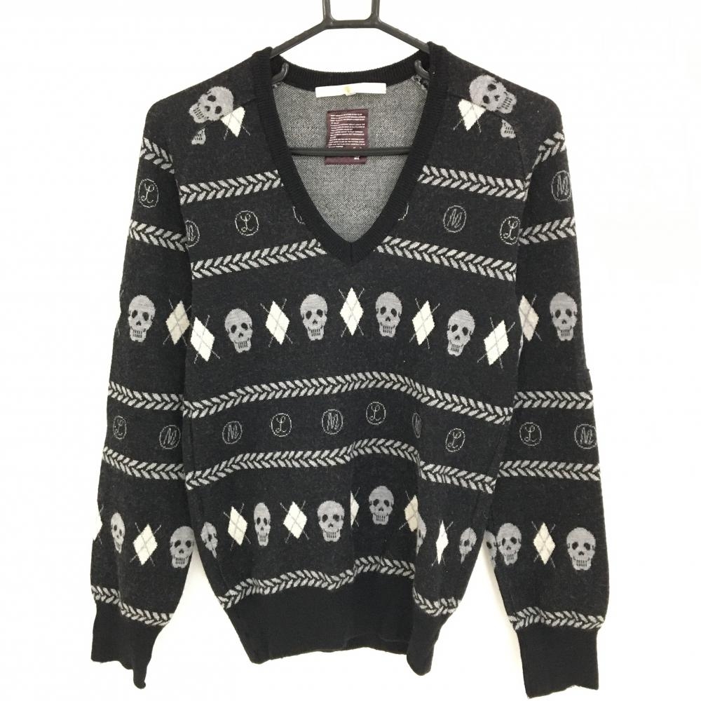 マークアンドロナ セーター 黒×グレー Vネック スカル柄 ニット  レディース M ゴルフウェア MARK＆LONA