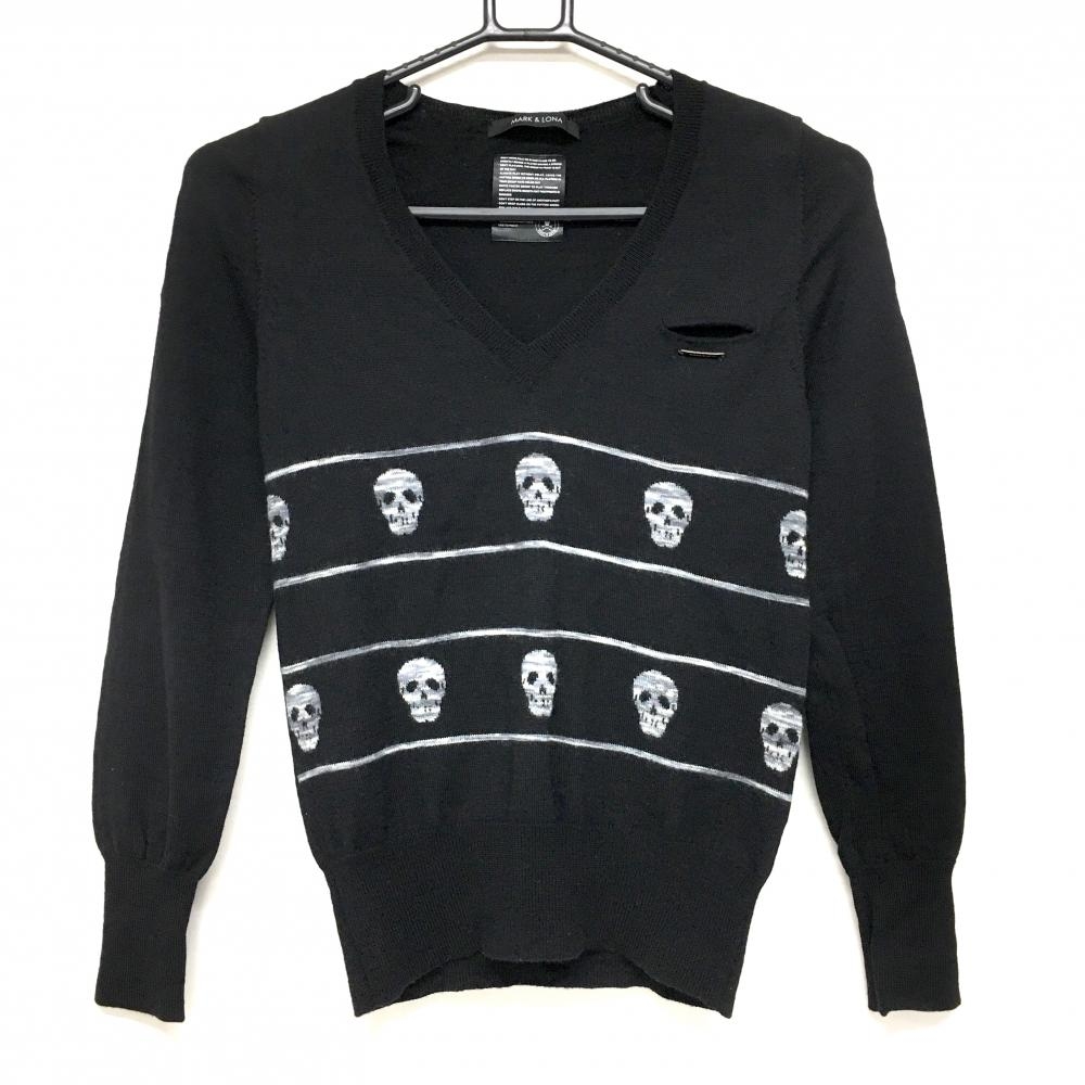 【超美品】マークアンドロナ セーター 黒×グレー 胸下スカル・ライン ウール100%  レディース S ゴルフウェア MARK＆LONA