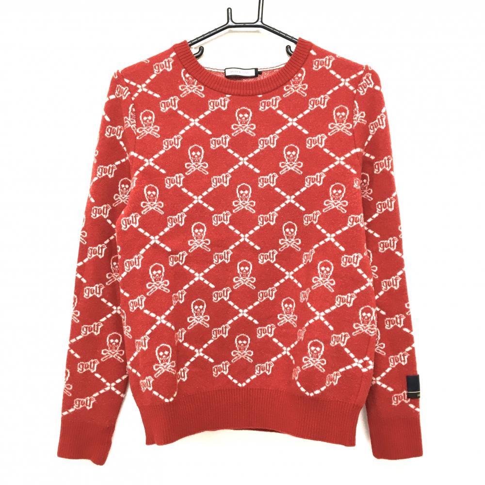 マークアンドロナ セーター レッド×白 スカル・格子柄 ウール混 ニット レディース 40(L) ゴルフウェア MARK＆LONA