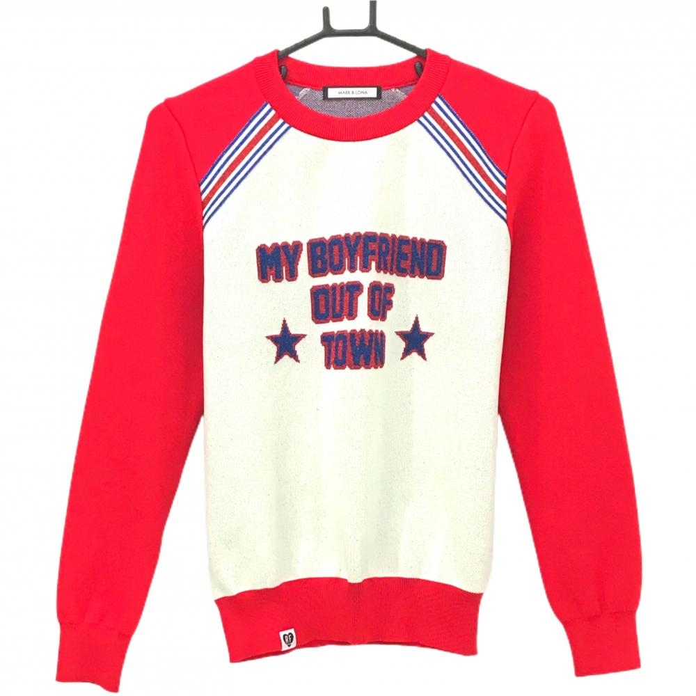 マークアンドロナ セーター レッド×白 ラメ入りライン RF ニット  レディース 40(L) ゴルフウェア MARK＆LONA