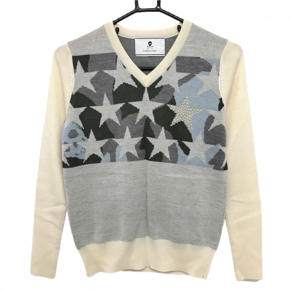 【超美品】マークアンドロナ セーター 白×カーキ×グレー 前上部星柄 後ろビッグスカル ニット レディース S ゴルフウェア MARK＆LONA
