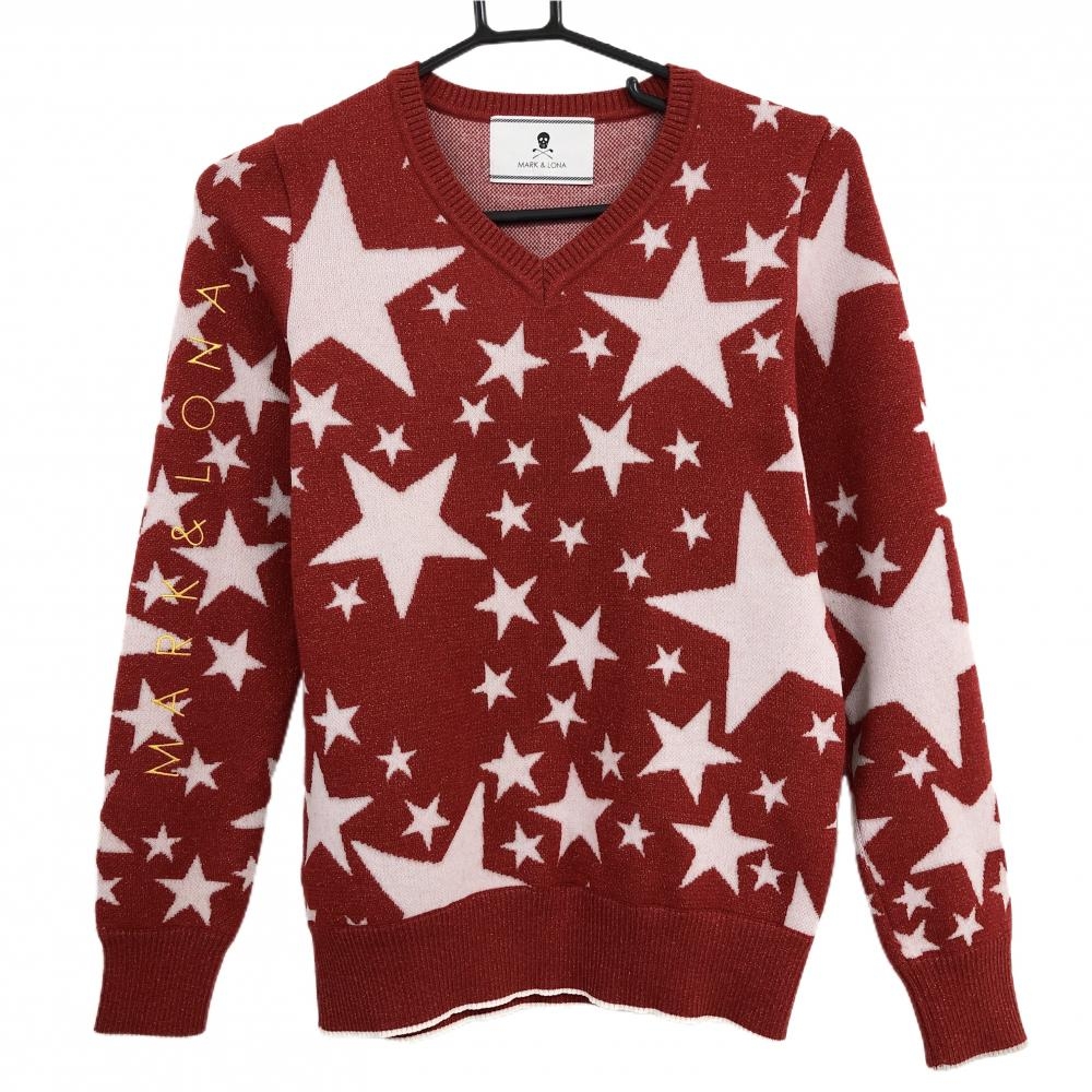 【超美品】マークアンドロナ セーター レッド×白 星総柄 背面ビッグスカル ウール混 ニット レディース S ゴルフウェア MARK＆LONA