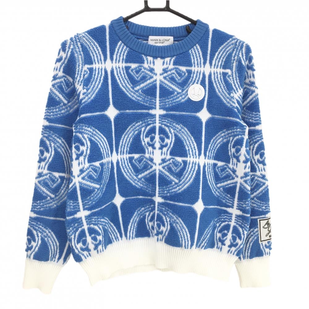 【超美品】マークアンドロナ セーター ライトブルー×白 スカル総柄編み ニット ウール混 レディース 38(M) ゴルフウェア MARK＆LONA