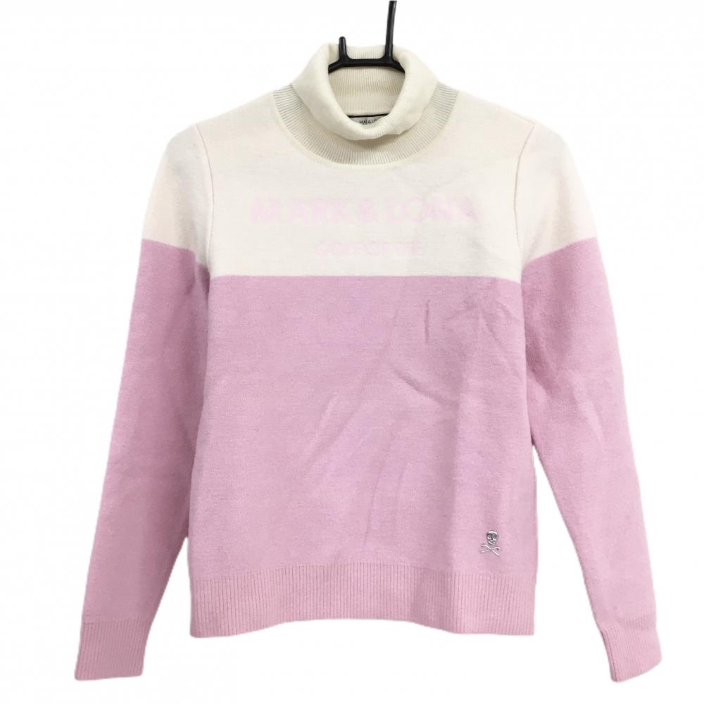 【美品】マークアンドロナ タートルネックセーター ピンク×アイボリー ニット ウール混 レディース 38(M) ゴルフウェア MARK＆LONA