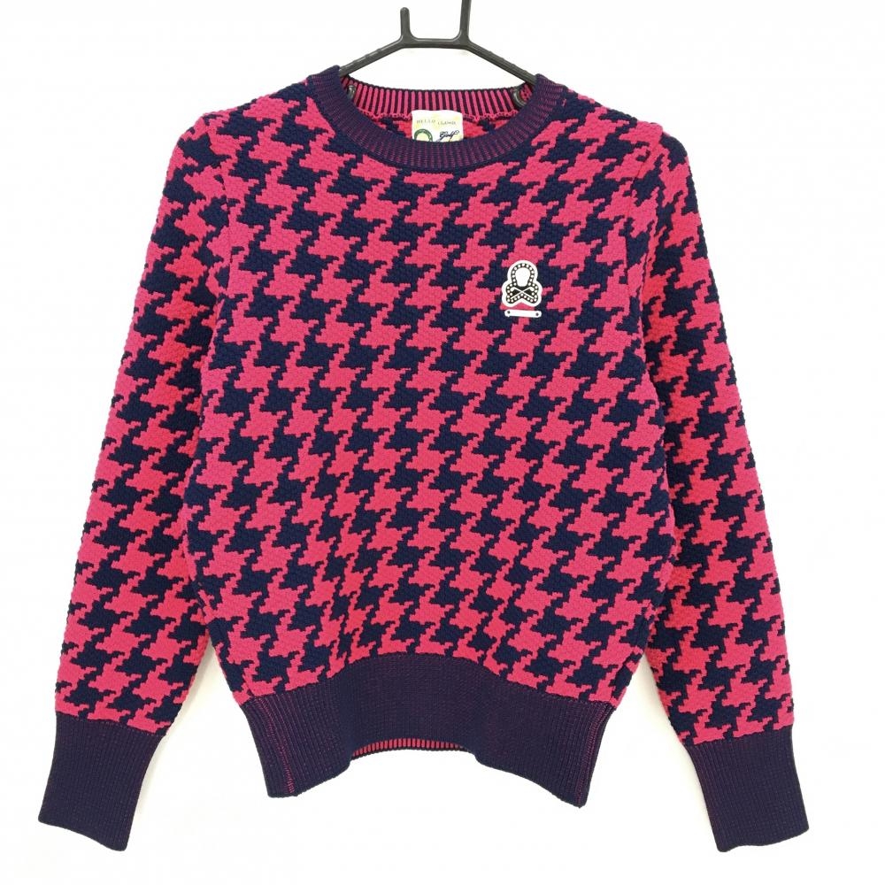 【超美品】マークアンドロナ セーター ピンク×ネイビー 千鳥格子風編み ニット スカル レディース 40(L) ゴルフウェア MARK＆LONA