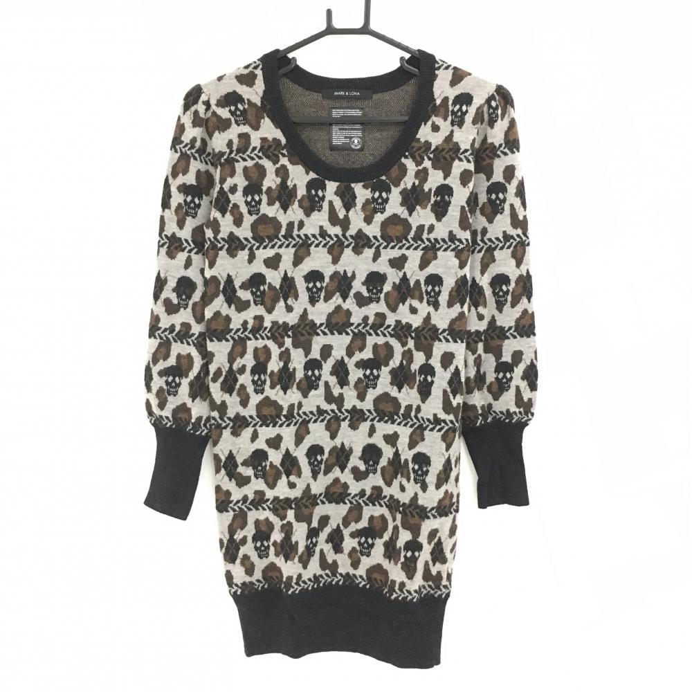 【美品】マークアンドロナ ニットワンピース ライトグレー系×ブラウン×黒 スカル総柄  レディース WS ゴルフウェア MARK＆LONA