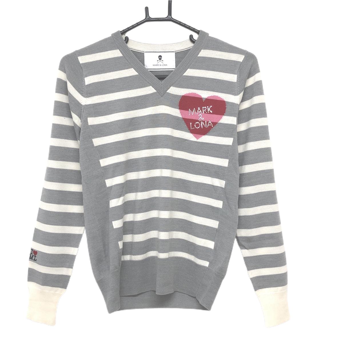 マークアンドロナ セーター グレー×白 ボーダー Vネック ウール混 ニット  レディース S ゴルフウェア MARK＆LONA