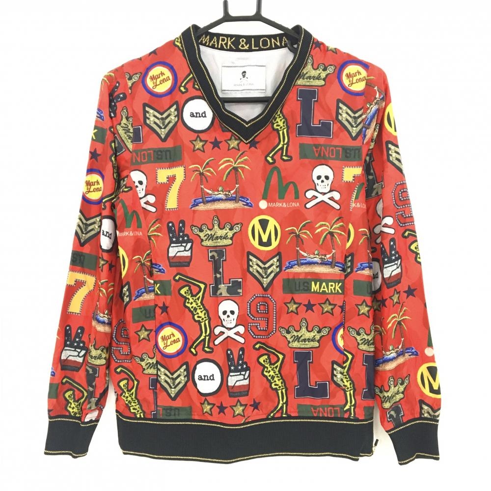 【超美品】マークアンドロナ スニード レッド×マルチカラー 総柄 スカル  レディース S ゴルフウェア MARK＆LONA