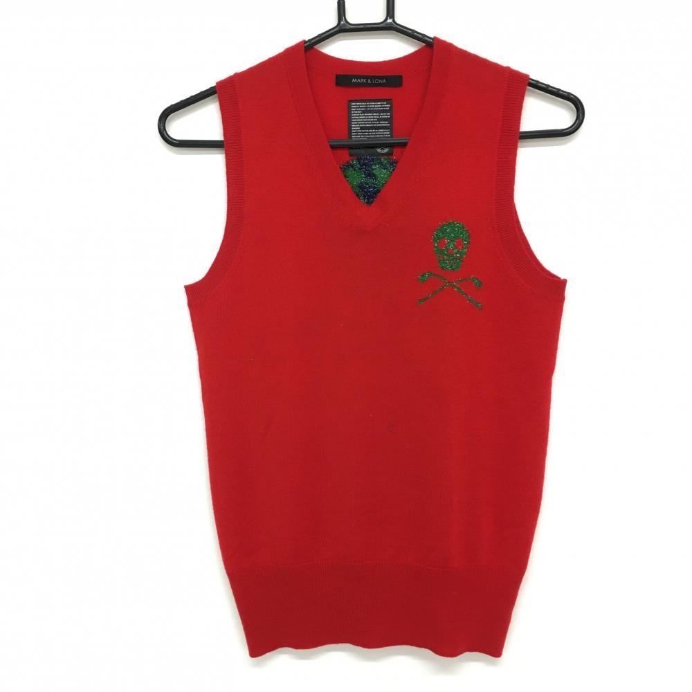 マークアンドロナ ニットベスト レッド Vネック スカル  レディース WS ゴルフウェア MARK＆LONA
