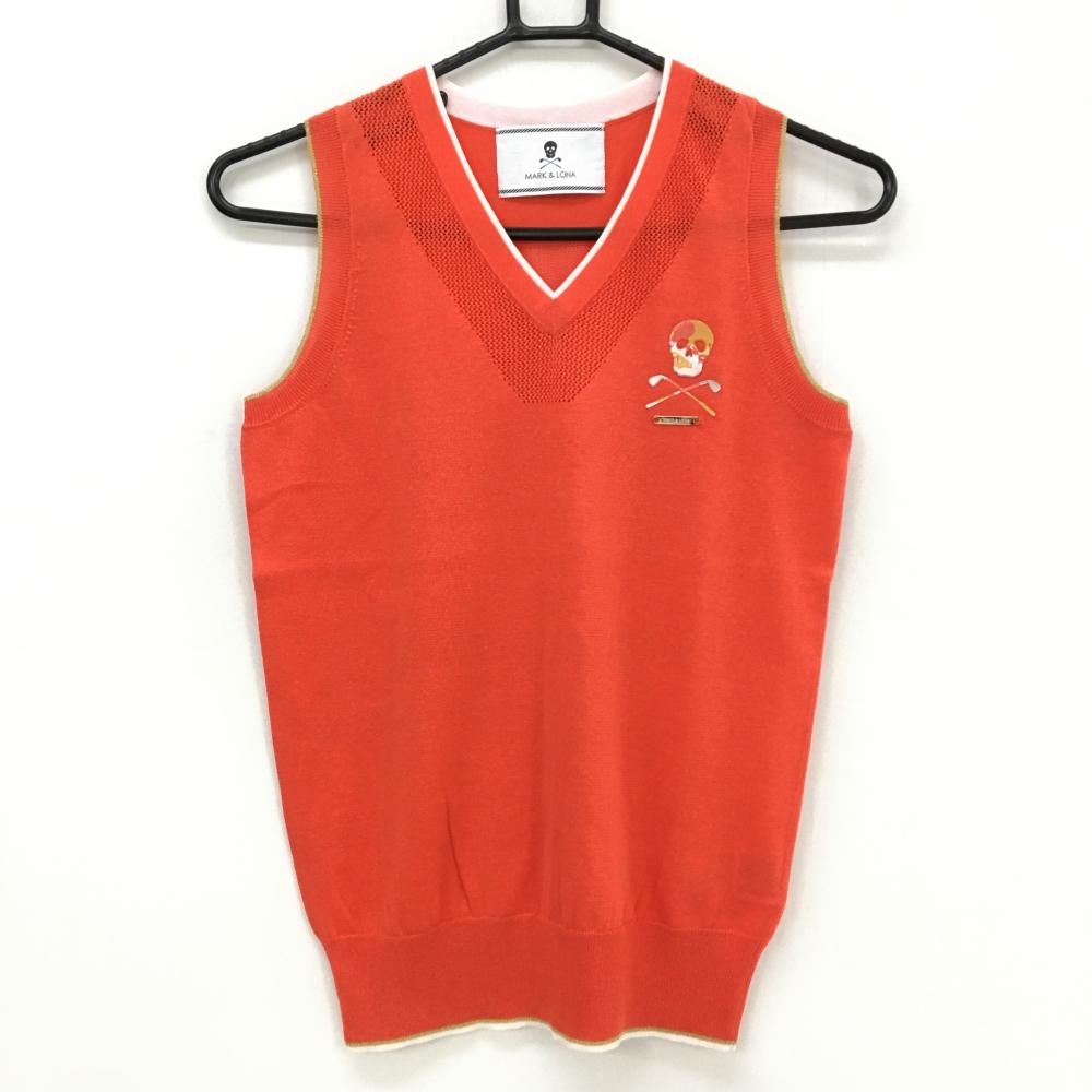 【超美品】マークアンドロナ ニットベスト オレンジ 背面透かし編みスカル コットン混 レディース S ゴルフウェア MARK＆LONA
