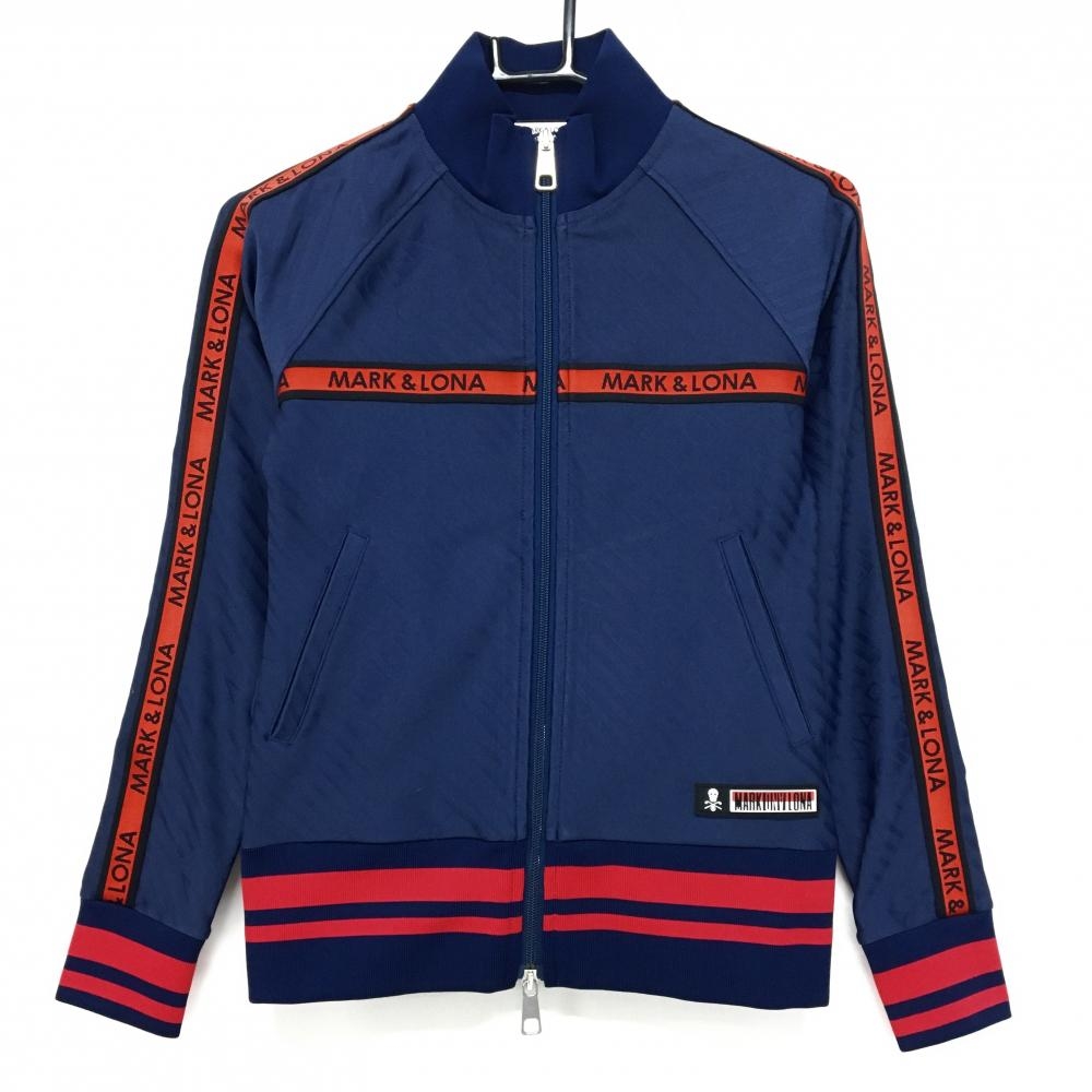 【超美品】マークアンドロナ ブルゾン ネイビー×レッド 斜めロゴ総柄地模様 バックロゴ  レディース 36(S) ゴルフウェア MARK＆LONA