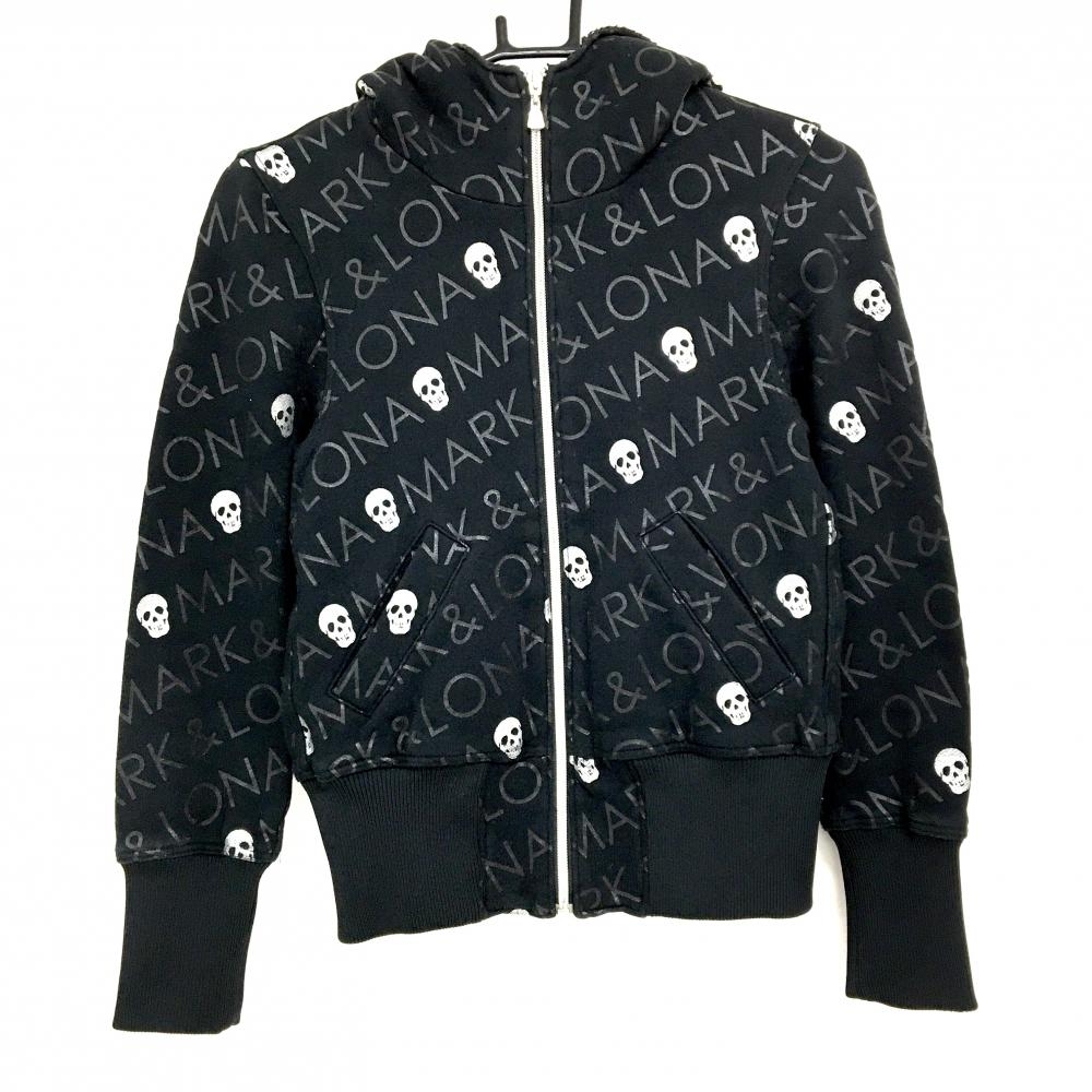 【美品】マークアンドロナ ジップパーカー 黒×シルバー ロゴ・スカル総柄 フード内側ボア  レディース S ゴルフウェア MARK＆LONA