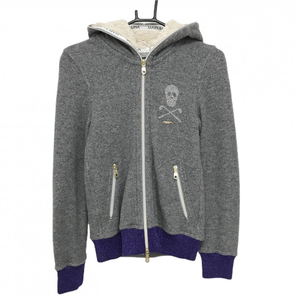 【超美品】マークアンドロナ ニットジップパーカー グレー×パープル フード裏起毛 ラメ ウール混  レディース S ゴルフウェア MARK＆LONA