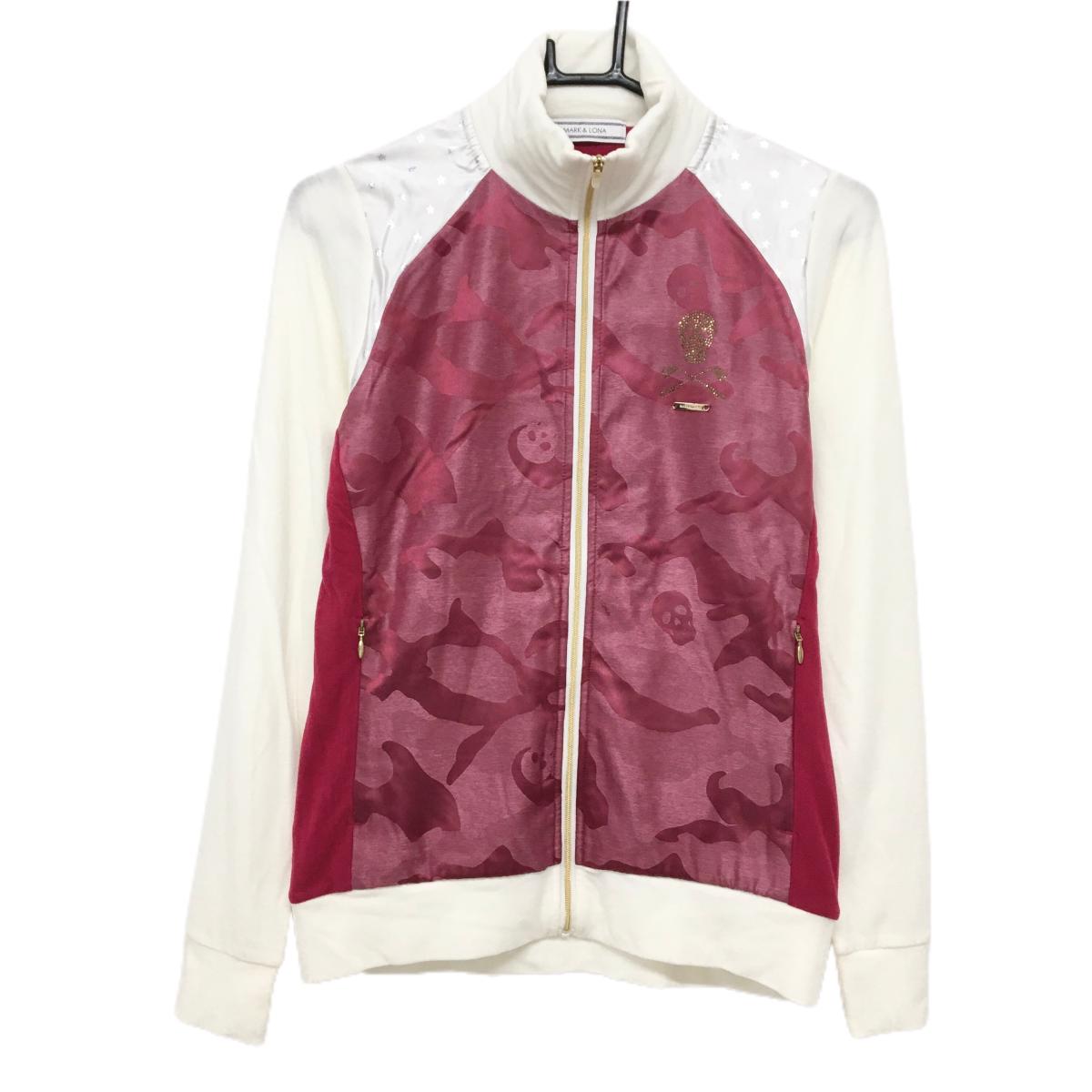 【美品】マークアンドロナ 異素材ジャケット ボルドー系×白 前身頃迷彩 一部星柄 微起毛 スカル レディース WM ゴルフウェア MARK＆LONA