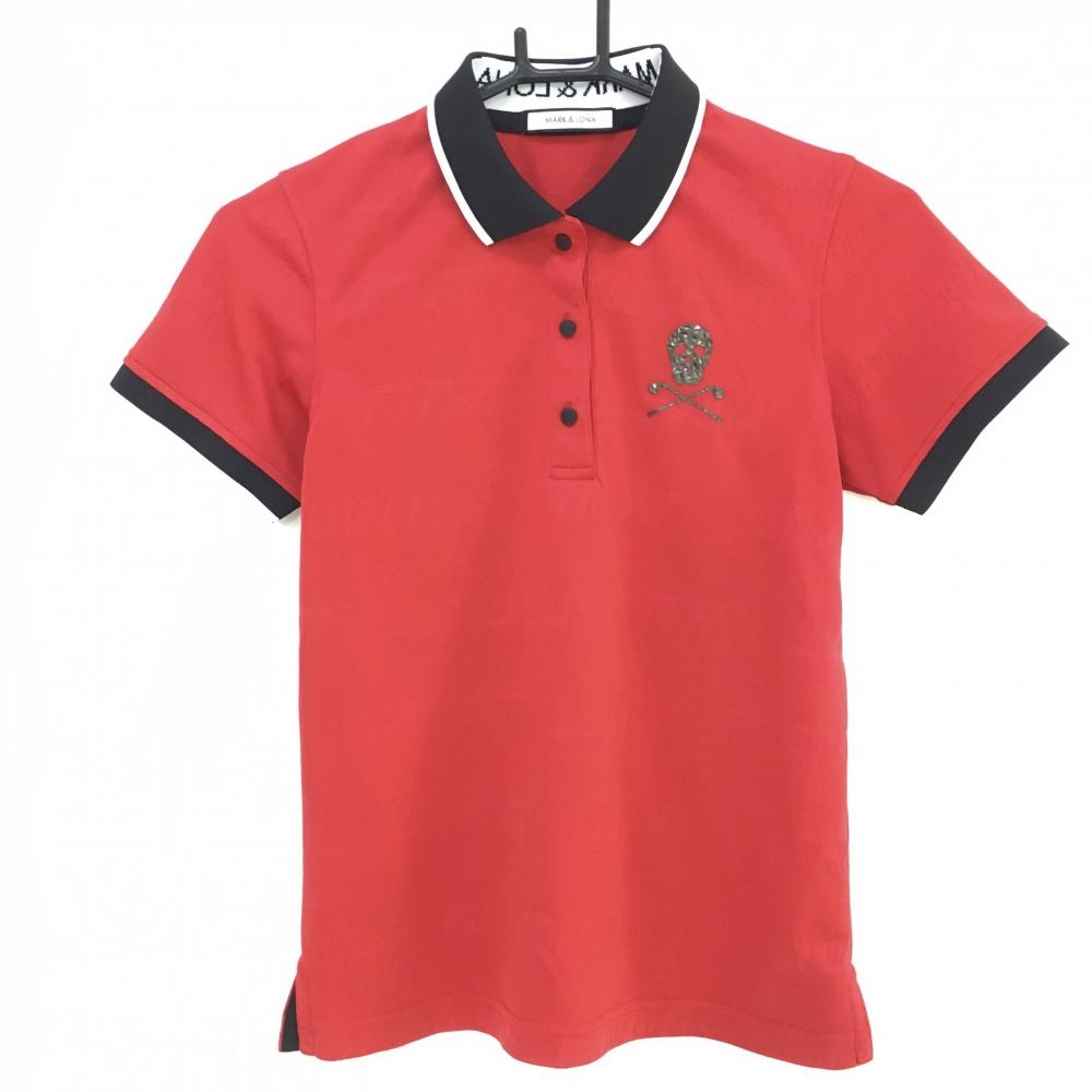 【超美品】マークアンドロナ 半袖ポロシャツ レッド 総柄織生地 レディース 36 ゴルフウェア MARK＆LONA