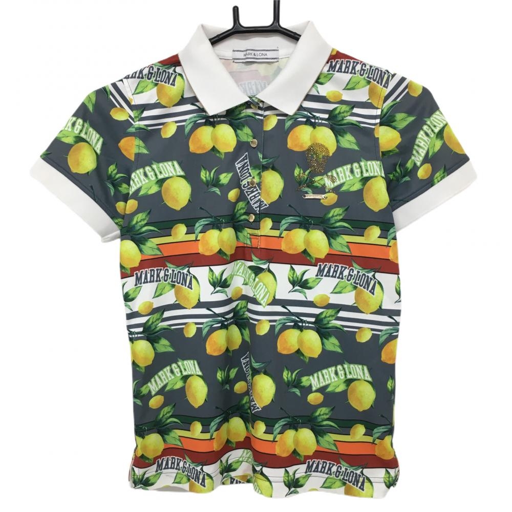 【美品】マークアンドロナ 半袖ポロシャツ グレー×イエロー 総柄 レモン ラインストーン レディース S ゴルフウェア MARK＆LONA