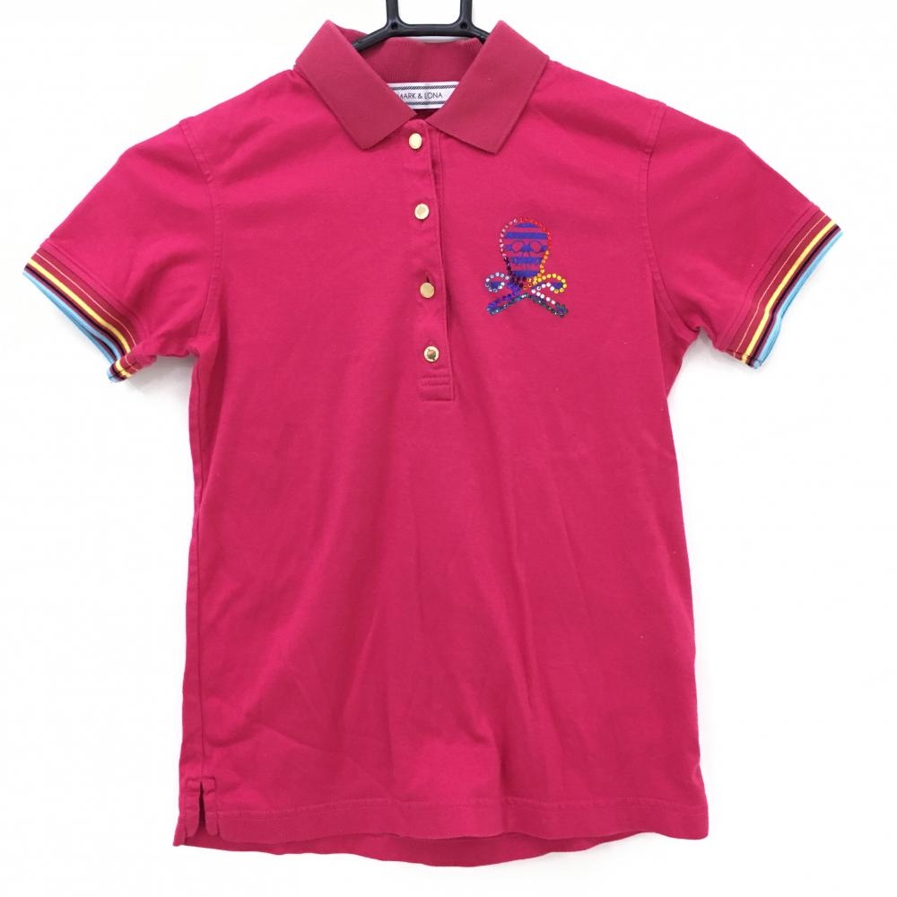 マークアンドロナ 半袖ポロシャツ ピンク 後ろビッグスカル カラフルラインストーン レディース XS ゴルフウェア MARK＆LONA 画像