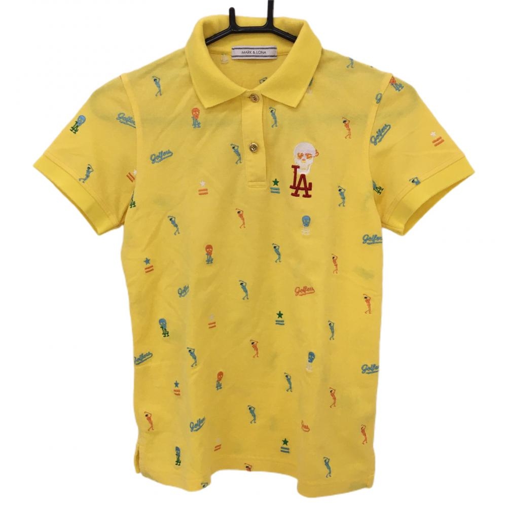 【超美品】マークアンドロナ 半袖ポロシャツ イエロー×マルチ 刺しゅう総柄 スカル  レディース S ゴルフウェア MARK＆LONA