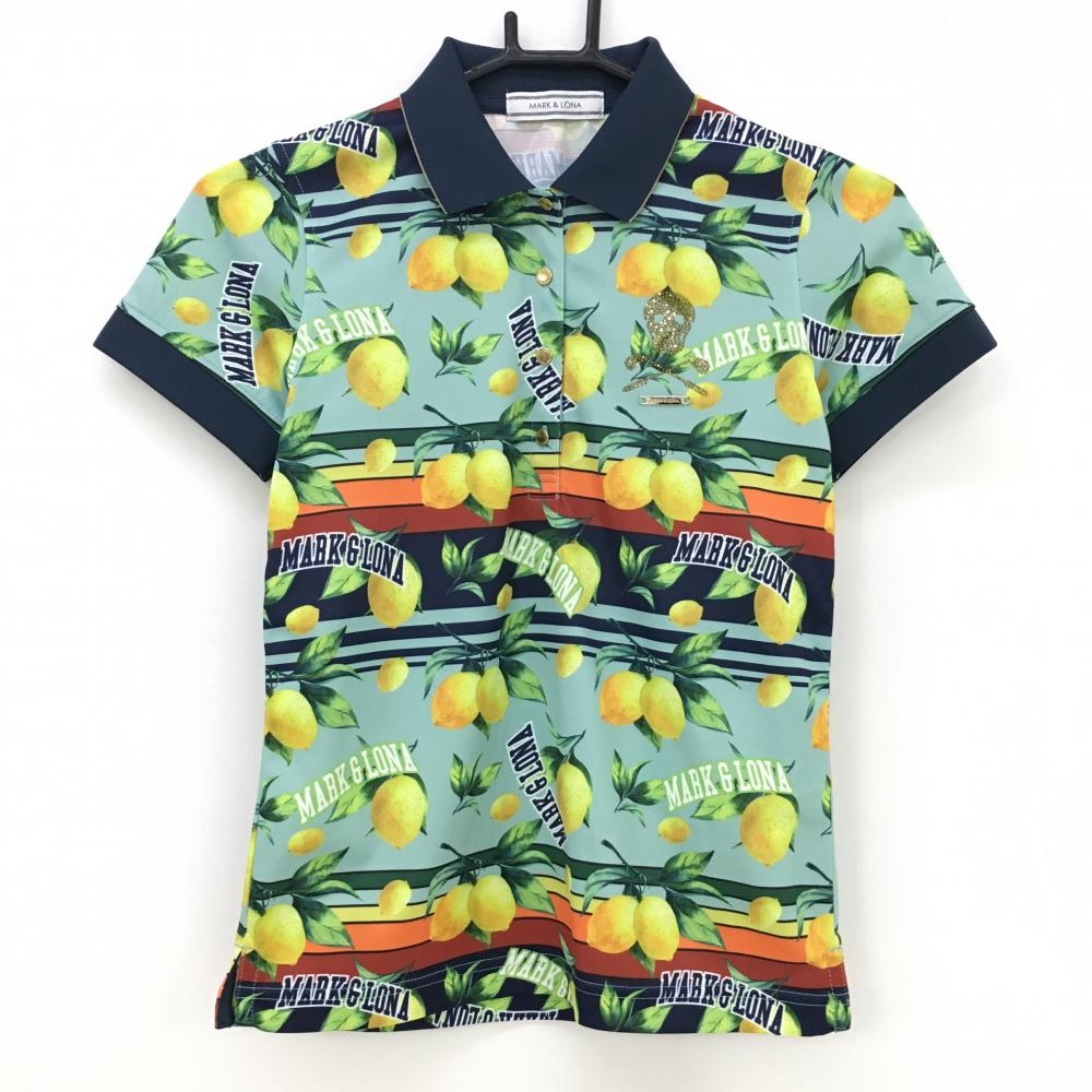 【超美品】マークアンドロナ 半袖ポロシャツ ミントグリーン系×イエロー レモン柄 一部ボーダー レディース XS ゴルフウェア MARK＆LONA