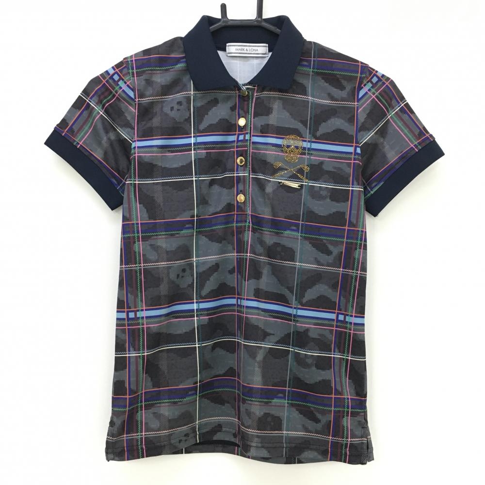 【超美品】マークアンドロナ 半袖ポロシャツ グレー×黒 迷彩 カモフラ チェック 襟後ろロゴ  レディース XS ゴルフウェア MARK＆LONA