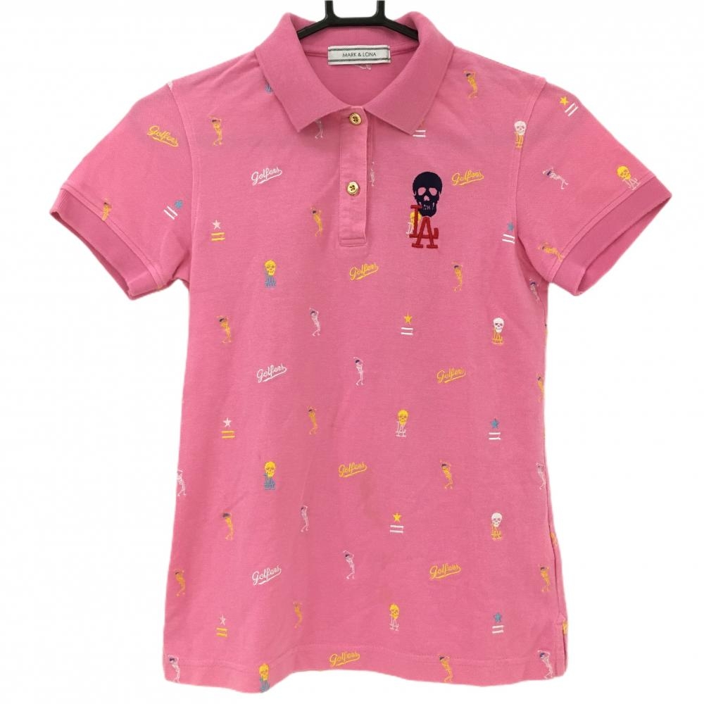 マークアンドロナ 半袖ポロシャツ ピンク×イエロー ゴルファースカル総柄刺しゅう コットン混 レディース S ゴルフウェア MARK＆LONA