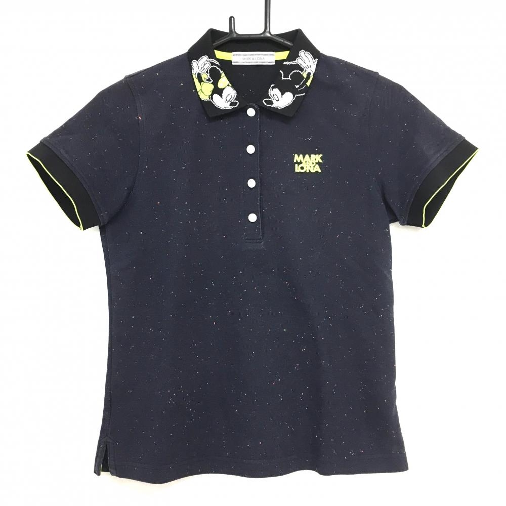 マークアンドロナ×Disney 半袖ポロシャツ ネイビー×蛍光イエロー 襟ミッキー ミニー  レディース M ゴルフウェア MARK＆LONA