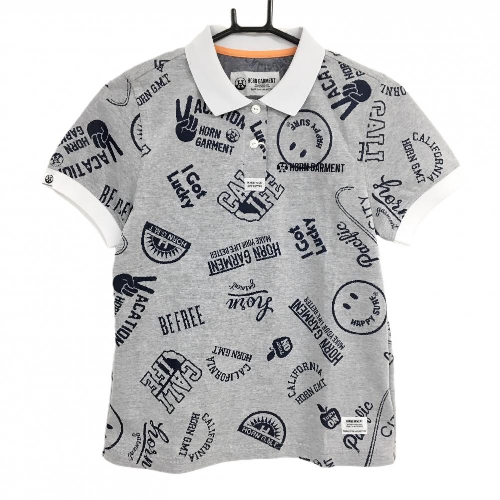 【新品】ホーンガーメント 半袖ポロシャツ 白×ネイビー ロゴ総柄 レディース 38(M) ゴルフウェア 2022年モデル MARK＆LONA